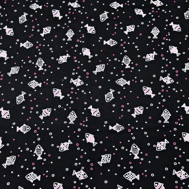 Reststück French Terry Sommersweat Fische Weiß-Pink / Schwarz